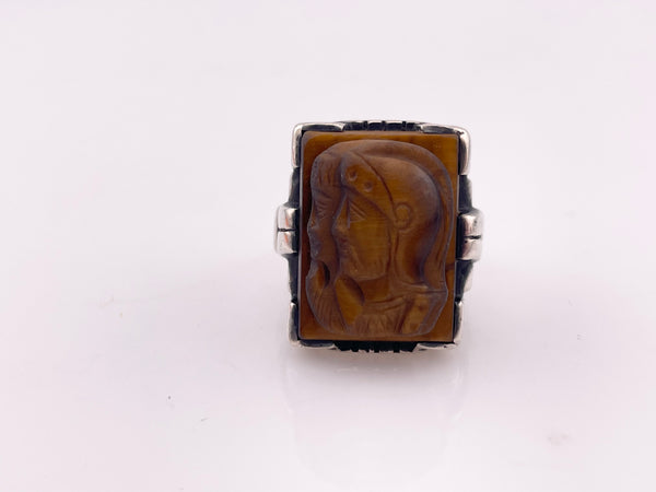 size 9 sterling silver tigers eye two knights cameo ring