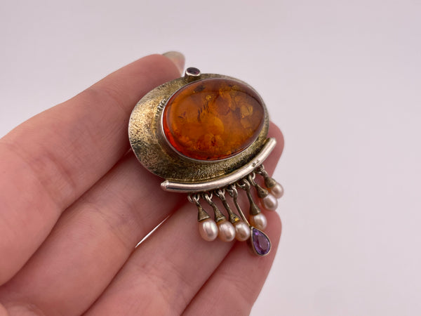 sterling silver gold wash amber, amethyst, & pearl fringe brooch / pendant