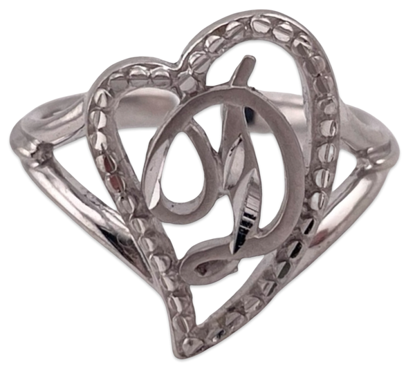size 7 open band sterling silver 'D' initial heart ring
