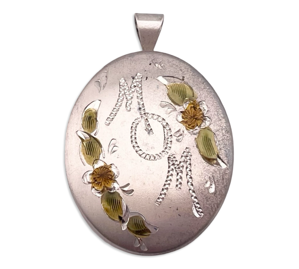 sterling silver rhodium plated matte finish "MOM" flower oval pendant