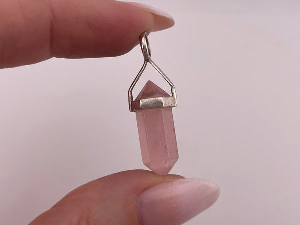 sterling silver rose quartz crystal point pendant