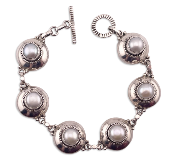sterling silver 7-1/2" pearl link bracelet