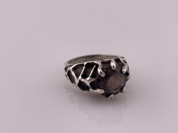 size 9 sterling silver brutalist faceted smoky glass ring ***Scratched Glass***