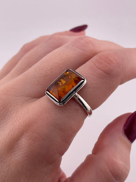 size 8 sterling silver rectangle shaped amber ring