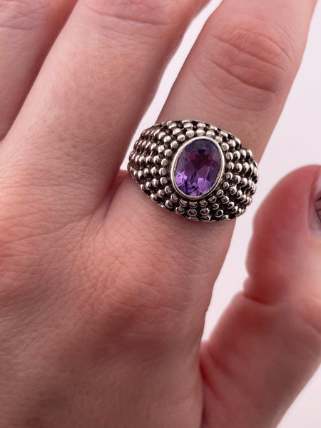 size 8.75 sterling silver dotted cut-out faceted amethyst ring