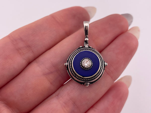 sterling silver blue plastic rhinestone pendant