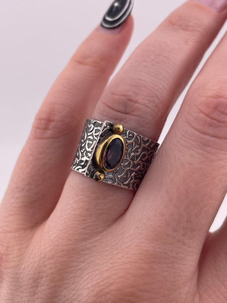 size 7 sterling silver & brass designer Bora faceted amethyst high profile ring