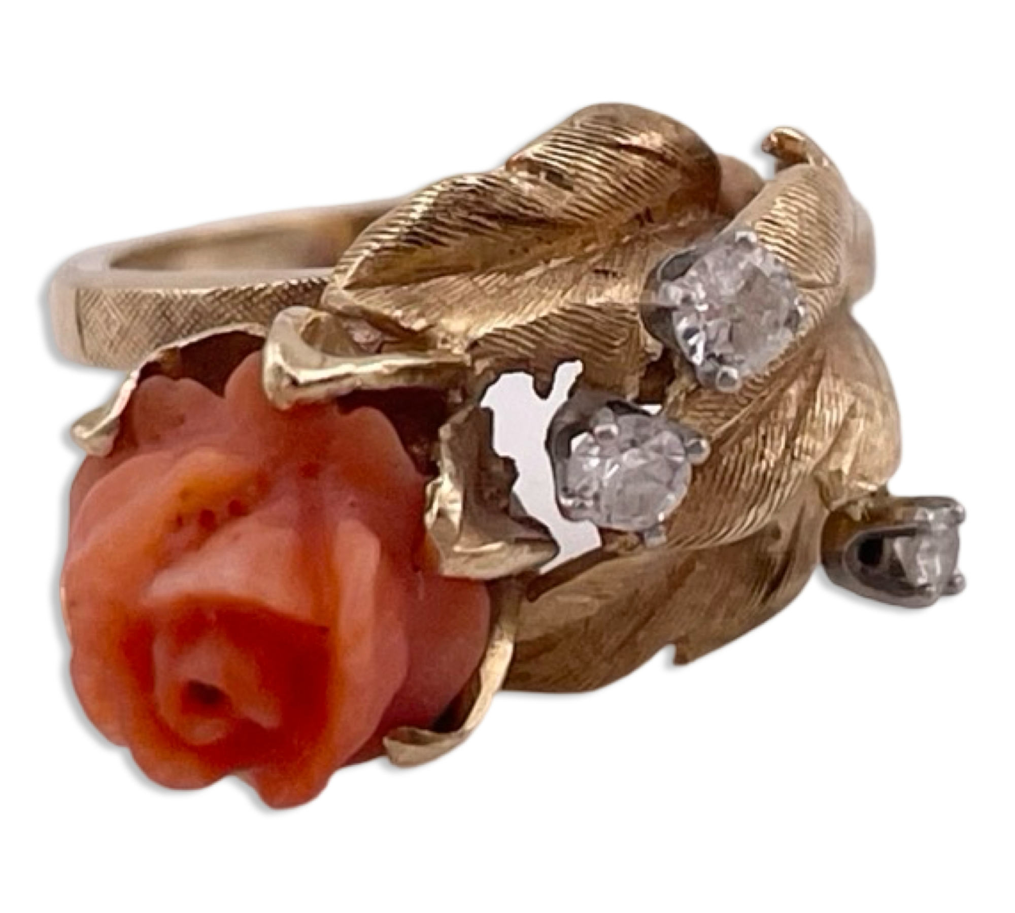 size 4 14k yellow gold carved coral rose flower diamond ring