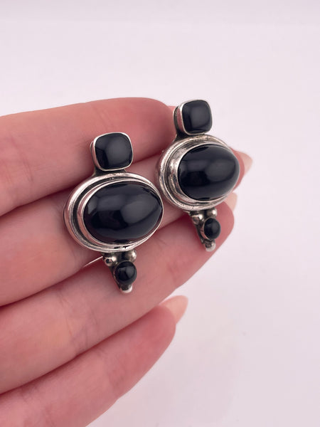 sterling silver Mexican black glass & resin post earrings