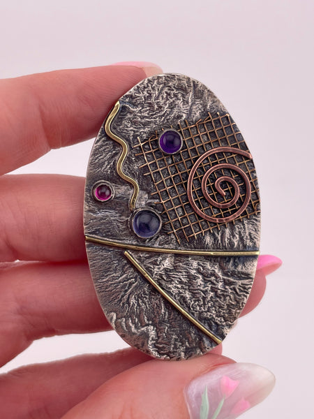sterling silver, copper, brass iolite amethyst garnet artisan brooch pin