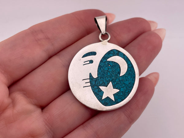 sterling silver Mexican crushed turquoise crescent man in the moon pendant