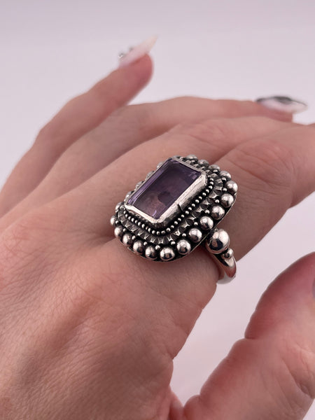 size 8.25 sterling silver chunky heavy faceted amethyst rectangle ball design ring