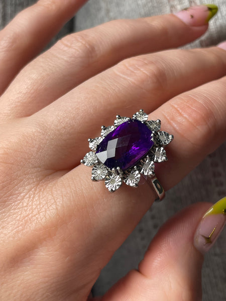 size 7.25 sterling silver rhodium plated faceted amethyst ring