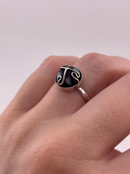 size 7.75 sterling silver black gray glass ring