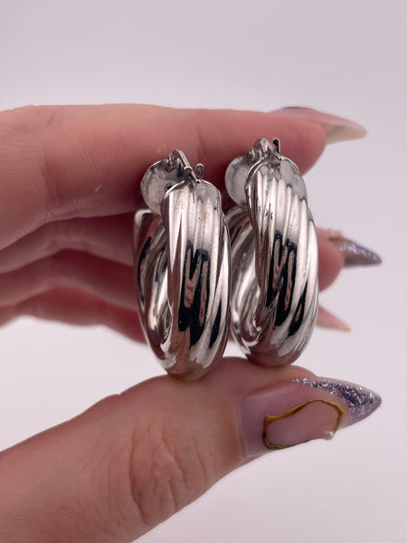 sterling silver chunky 1-3/16" rhodium plated puffy cable hoop earrings