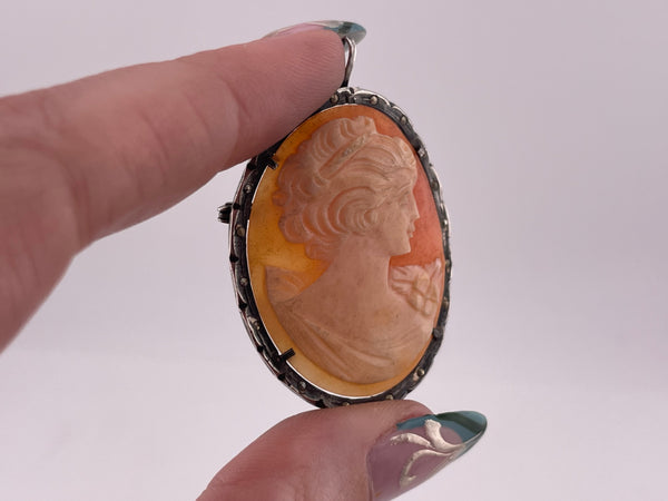 800 silver marcasite carved shell cameo brooch / pendant **AS IS**