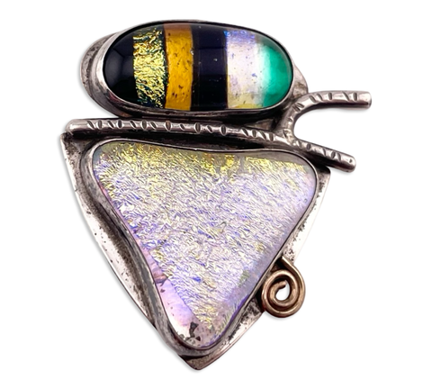 sterling silver & gold filled artisan foil glass brooch pin