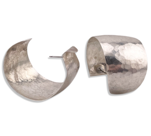 sterling silver chunky 1 1/8" wide hammered post hoop earrings