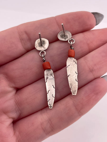 sterling silver coral bead feather post dangle earrings