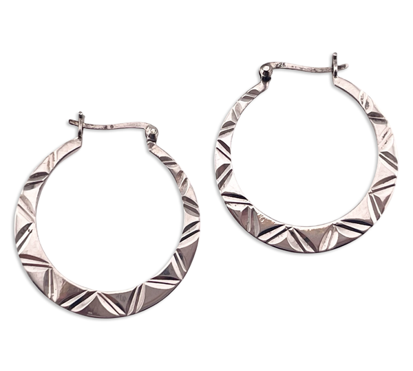 rhodium plated sterling silver 1" textured flat hoop earrings