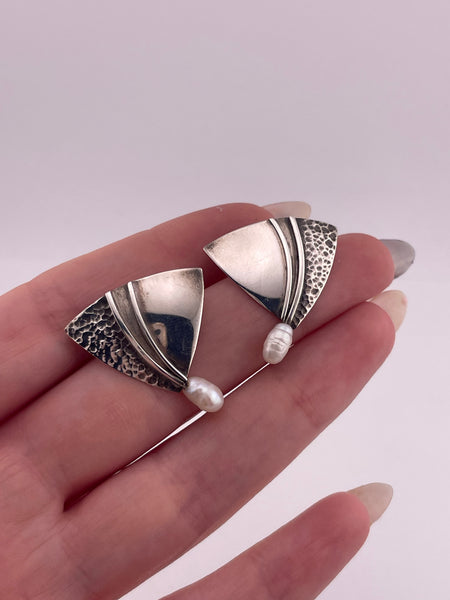 sterling silver textured fan pearl post earrings *non-sterling posts*