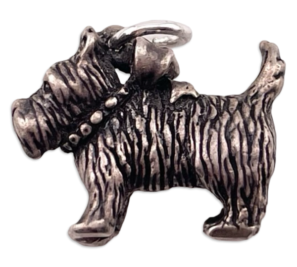 sterling silver solid 3D terrier w/ bow dog charm pendant