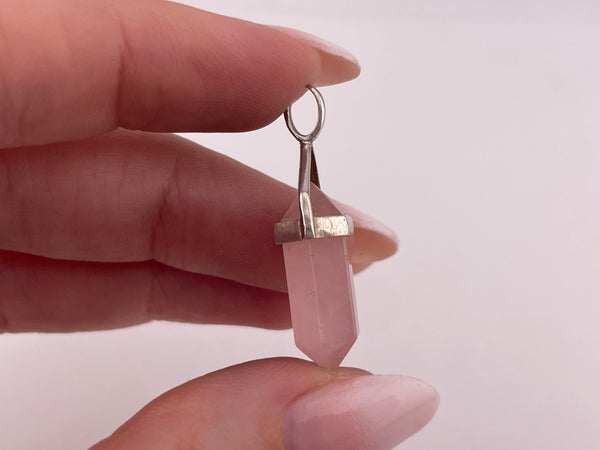 sterling silver rose quartz crystal point pendant