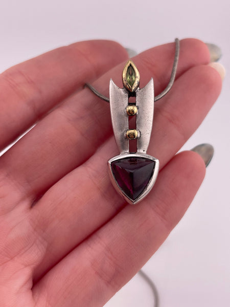 sterling silver & gold plated faceted garnet & peridot matte finish necklace