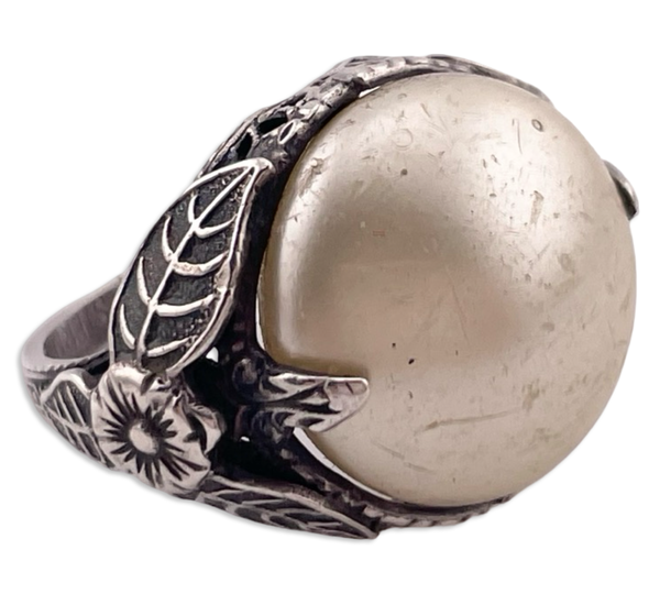 size 4.25 sterling silver faux pearl leaf flower ring ***AS IS***