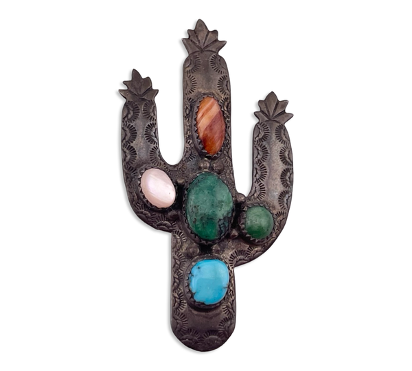 sterling silver multi-stone stamped cactus pendant brooch