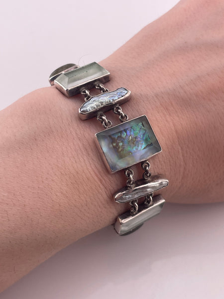 sterling silver 7-1/4" to 7-7/8" Janice Lee Ripley faceted plastic labradorite pearl link bracelet