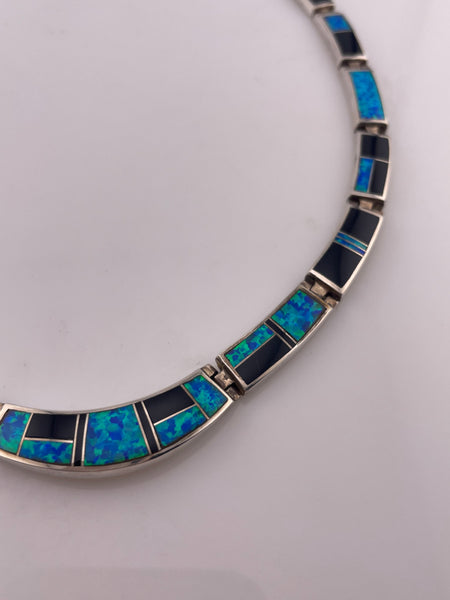 sterling silver 16-3/4" lab opal black jade collar necklace