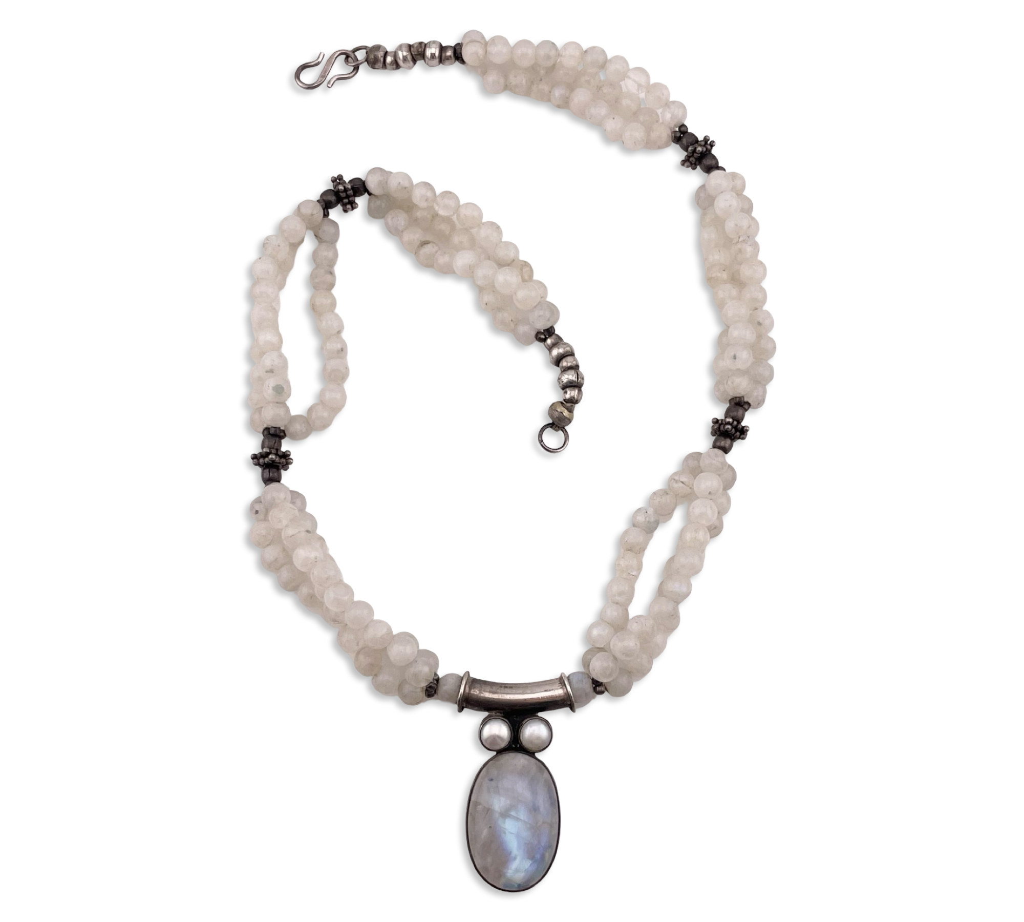 sterling silver moonstone & pearl beaded statement necklace