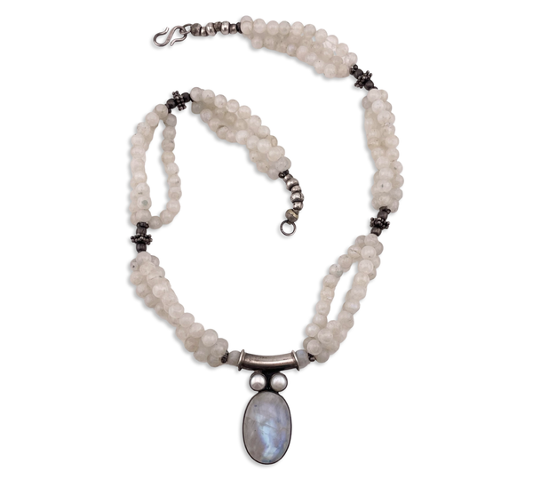 sterling silver moonstone & pearl beaded statement necklace