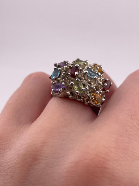 size 6.5 sterling silver brutalist faceted multi-gemstone ring