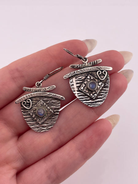 sterling silver rainbow moonstone textured hook dangle earrings