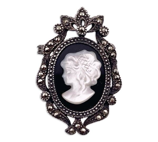 sterling silver marcasite onyx plastic cameo pendant brooch