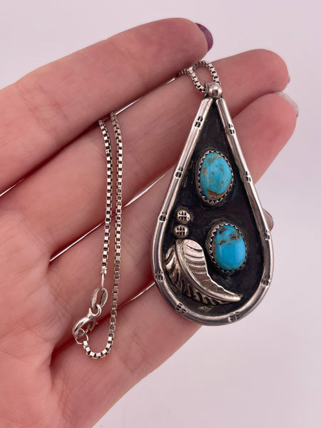 sterling silver 19-3/4" double turquoise leaf pendant box chain necklace