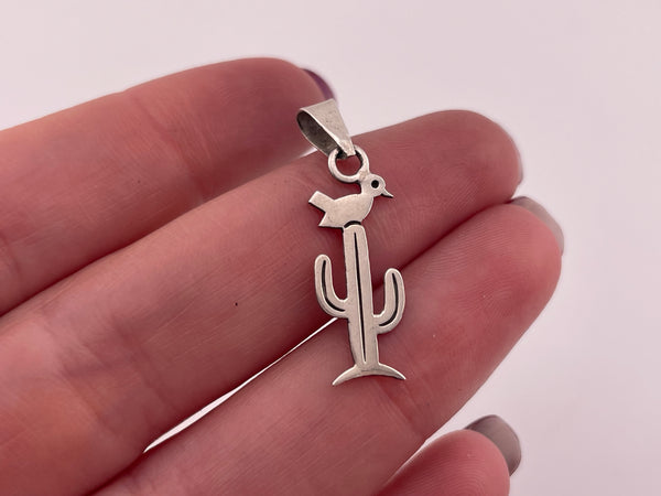 sterling silver bird on cactus pendant
