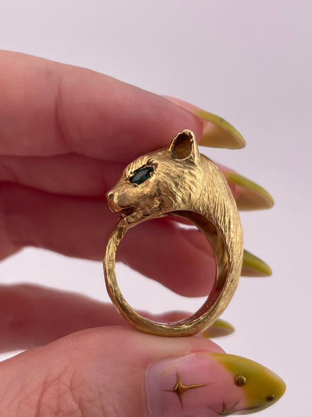 size 6.75 18k gold vintage P. Cordier emerald cat panther ring