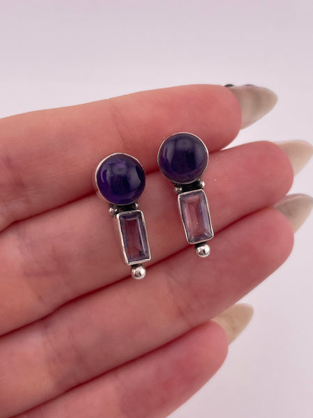 sterling silver faceted amethyst two-tone post earrings