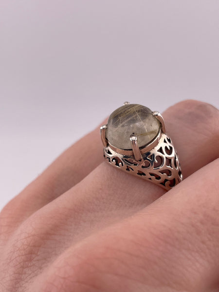 size 6.25 sterling silver round rutilated quartz cut-out design ring