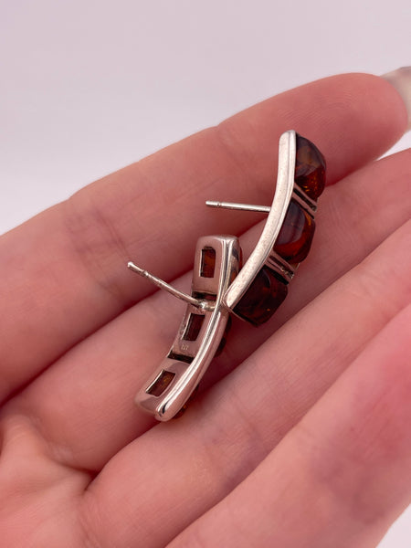 sterling silver curved three amber post earrings