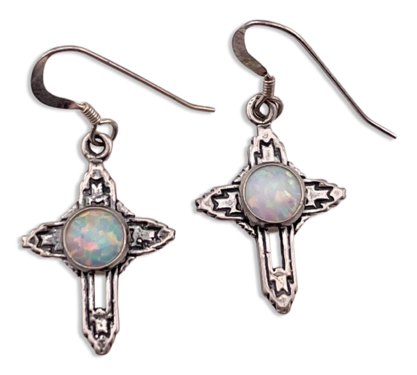 sterling silver lab opal cross dangle earrings