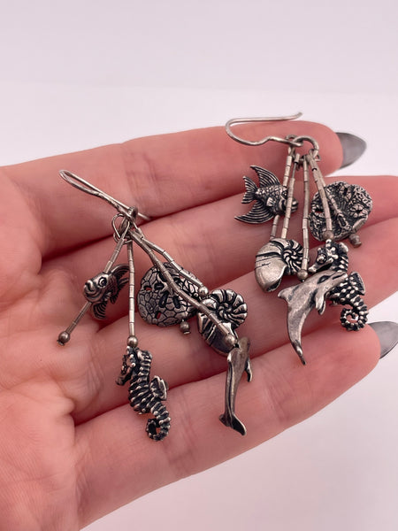 sterling silver nautical theme charms liquid silver hook dangle earrings