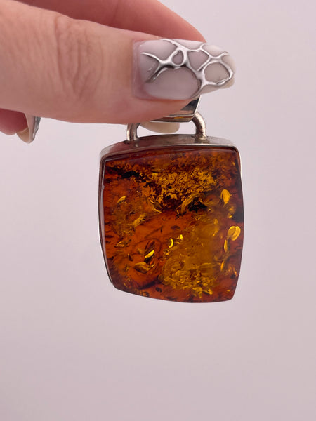 sterling silver 2" square-ish amber pendant