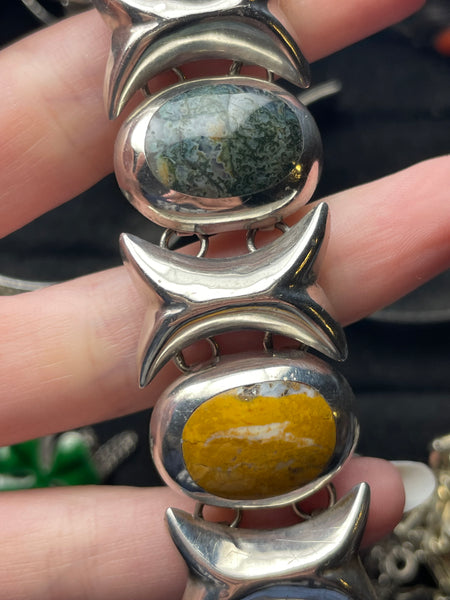 sterling silver chunky Mexican multi-stone link bracelet