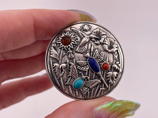sterling silver Carolyn Pollack multi-stone flower insect hummingbird pendant brooch