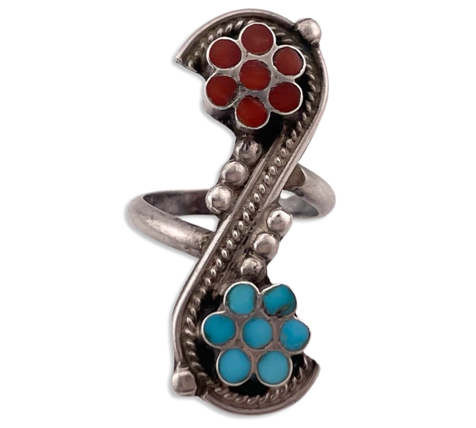 size 6.75 sterling silver turquoise & coral inlay flower ring