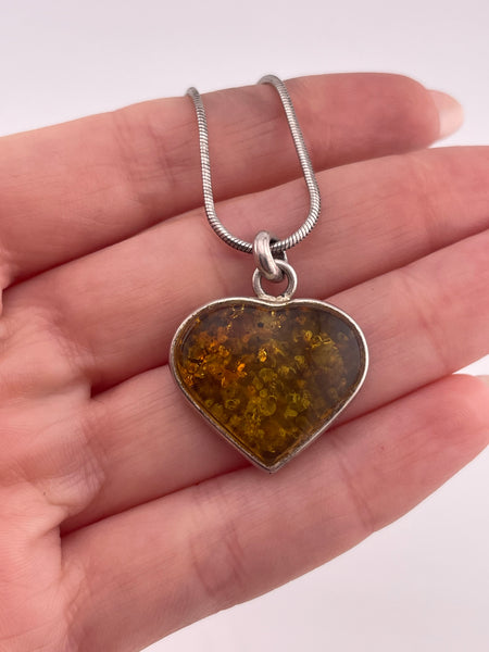 sterling silver 20" snake chain amber heart pendant necklace